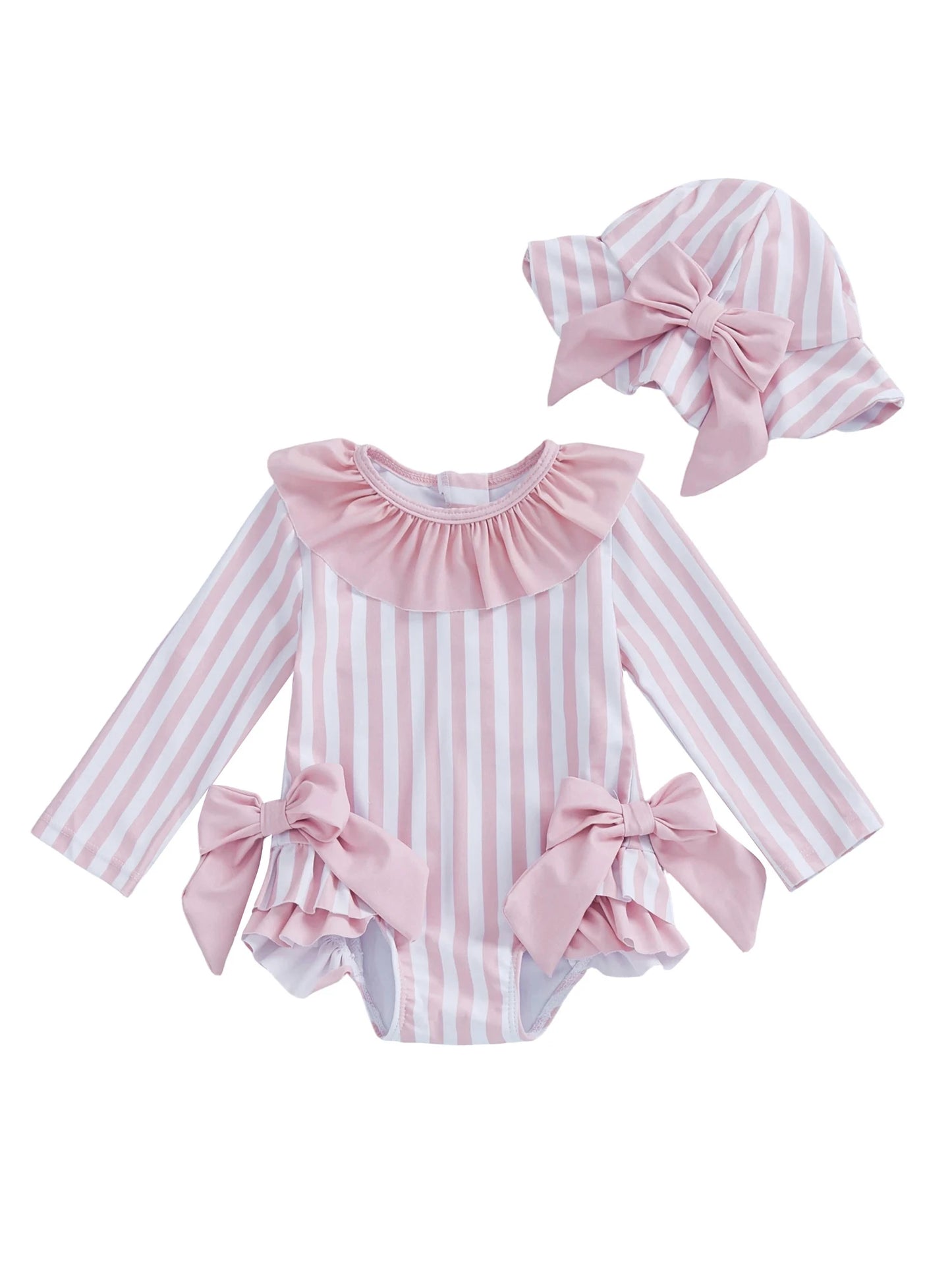 Baby Toddler Girls 3Pcs Swimsuit Ruffles Collar Long Sleeve Striped Print Bow Swimwear with Hat Set