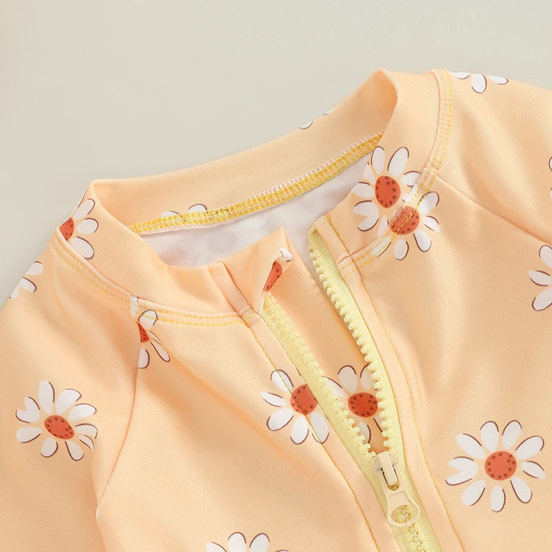 Baby Toddler Girls 2Pcs Swimsuit Daisy Flower Print Long Sleeve Round Neck Swimwear Front Zipper Bathing Suit and Hat Set