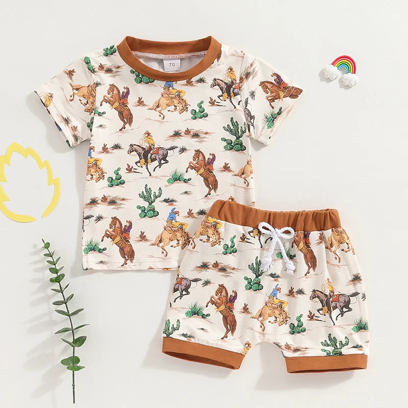 Baby Toddler Boys 2Pcs Western Outfit Short Sleeve Cactus Cattle Cow Horse Cowboy Print Top and Drawstring Shorts Set