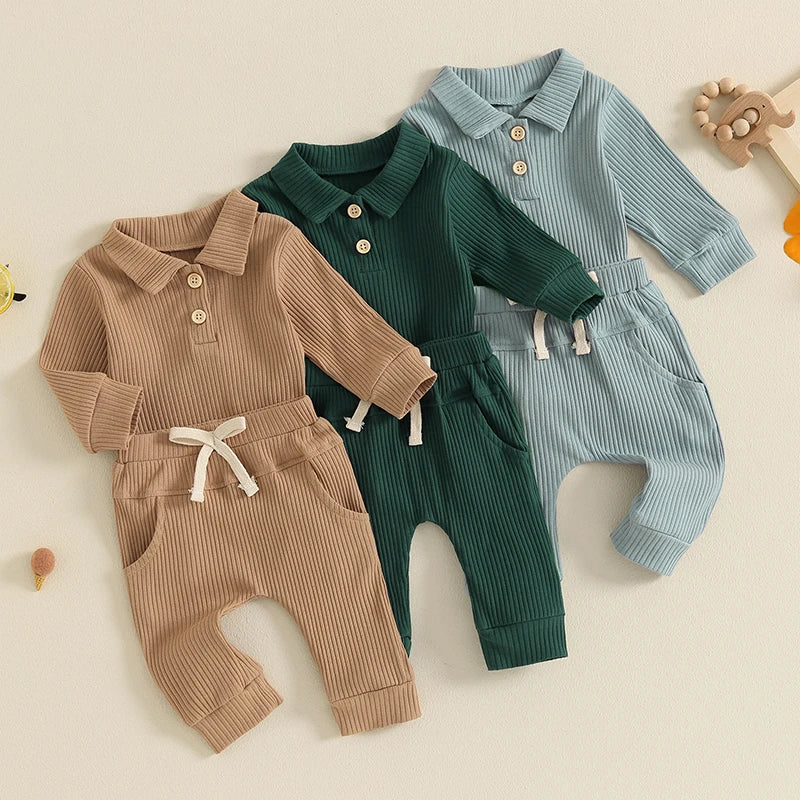 Baby Boys Girls 2Pcs Ribbed Set Button Long Sleeve Romper with Collar Drawstring Pocket Long Pants Outfit Clothes