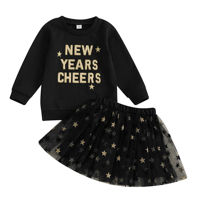 Toddler Kids Girl 2Pcs New Years Cheers Skirt Outfit Letter Embroidery Long Sleeve Top Glitter Star Print Tulle Skirt Clothing Set