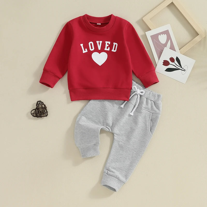 Baby Toddler Boys Girls 2Pcs Valentine's Day Outfits Heart Letter Loved Print Long Sleeve Top and Long Pants Clothes Set