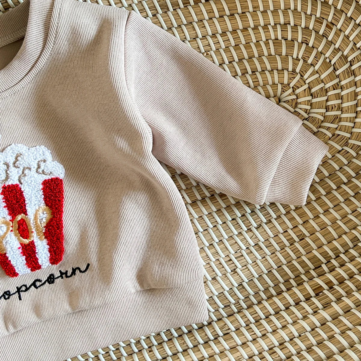 Baby Toddler Girls Boys 2Pcs Popcorn / Muffin Bon Appetit Embroidery Pullover Long Sleeve Top + Pants Set Outfit