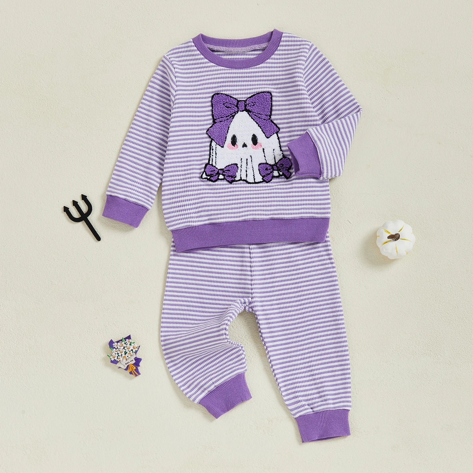 Baby Toddler Girls 2Pcs Pants Set Embroidery Ghost Long Sleeve Top with Striped Jogger Pants Halloween Clothes