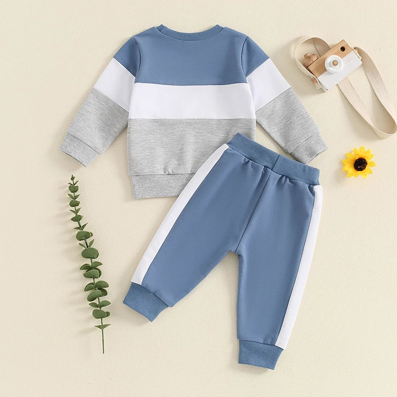 Baby Toddler Boys 2Pcs Long Sleeve Round Neck Top Drawstring Long Pants Contrast Color Outfit Set