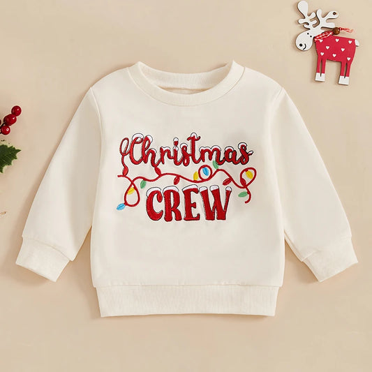 Baby Toddler Boys Girls Christmas Crew Letter Lights Embroidered Long Sleeve Round Neck Pullover Top