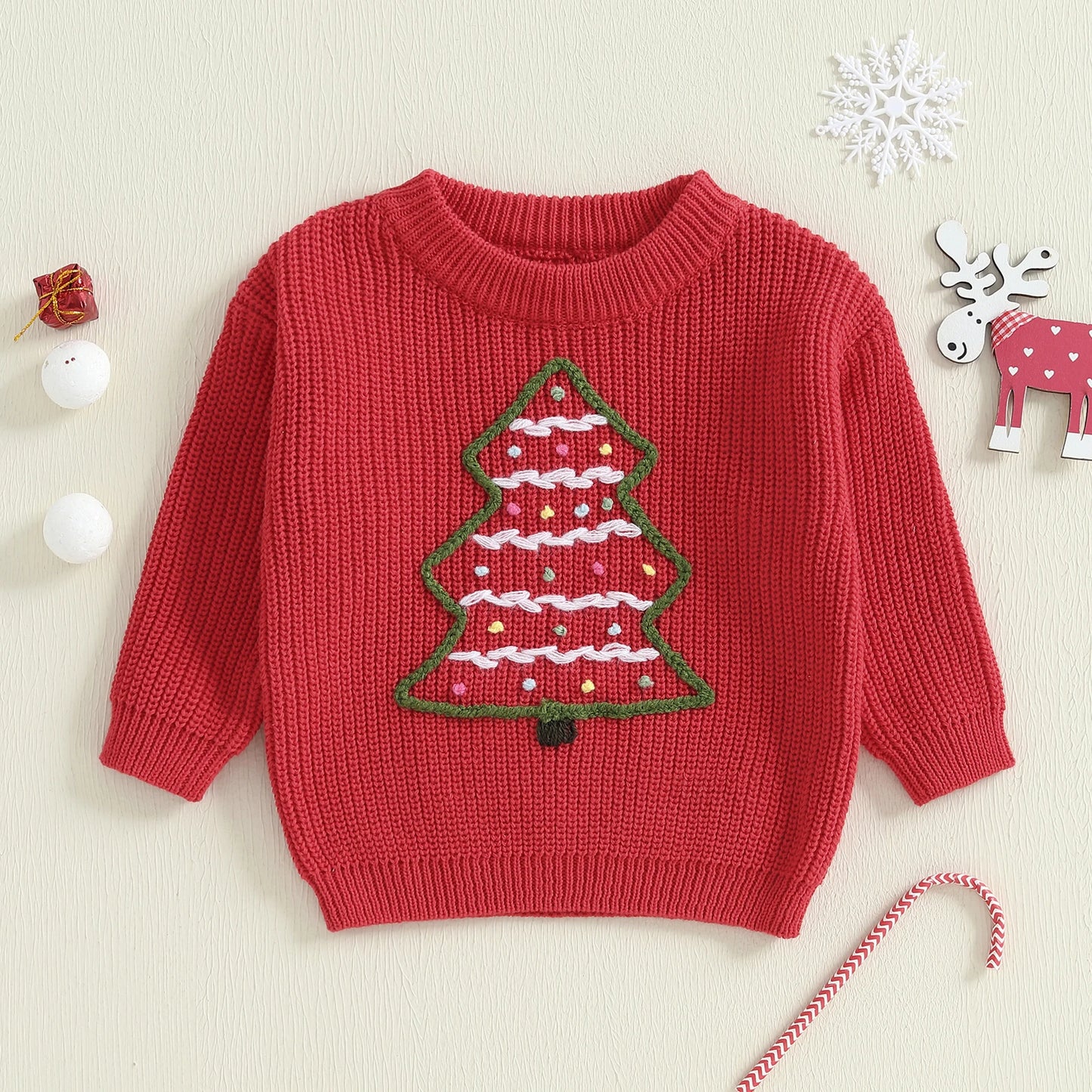 Baby Toddler Boys Girls Christmas Sweater Christmas Tree Embroidered Ribbed Long Sleeve Knitted Top for Winter
