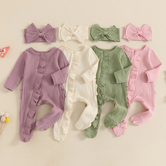 Baby Girl 2Pcs Fall Outfit Solid Ribbed Ruffle Trim Long Sleeve Zipper Romper Front Footed Jumpsuit Bow Headband Set