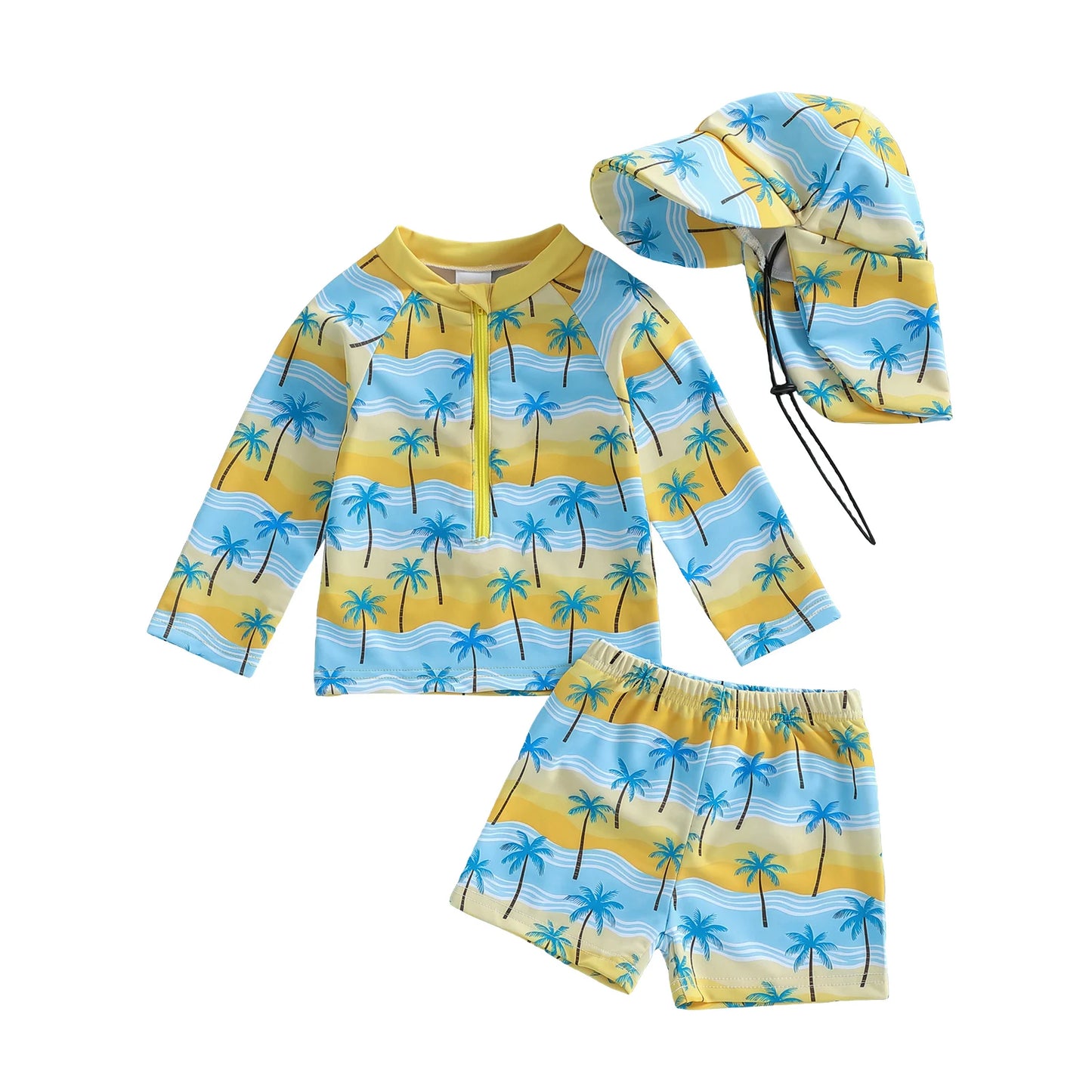 Baby Toddler Boys 3Pcs Rash Guard Swimsuit Set Palm Tree Print Long Sleeve Round Neck Top and Shorts Hat Set