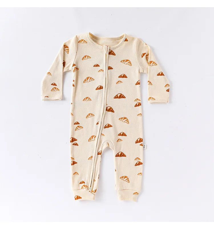 Baby Boy Girl Autumn Winter Clothes Zipper Cotton Romper Croissant Print Long Sleeve Jumpsuit Cute Outfit
