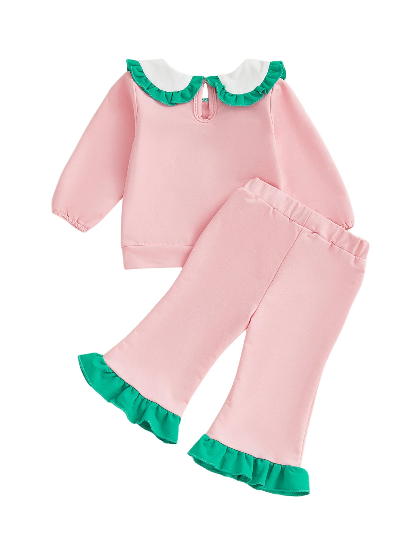 Baby Toddler Girl 2Pcs Spring Outfit Clover Bow Embroidered Doll Collar Top and Flare Pants 2 Piece Set