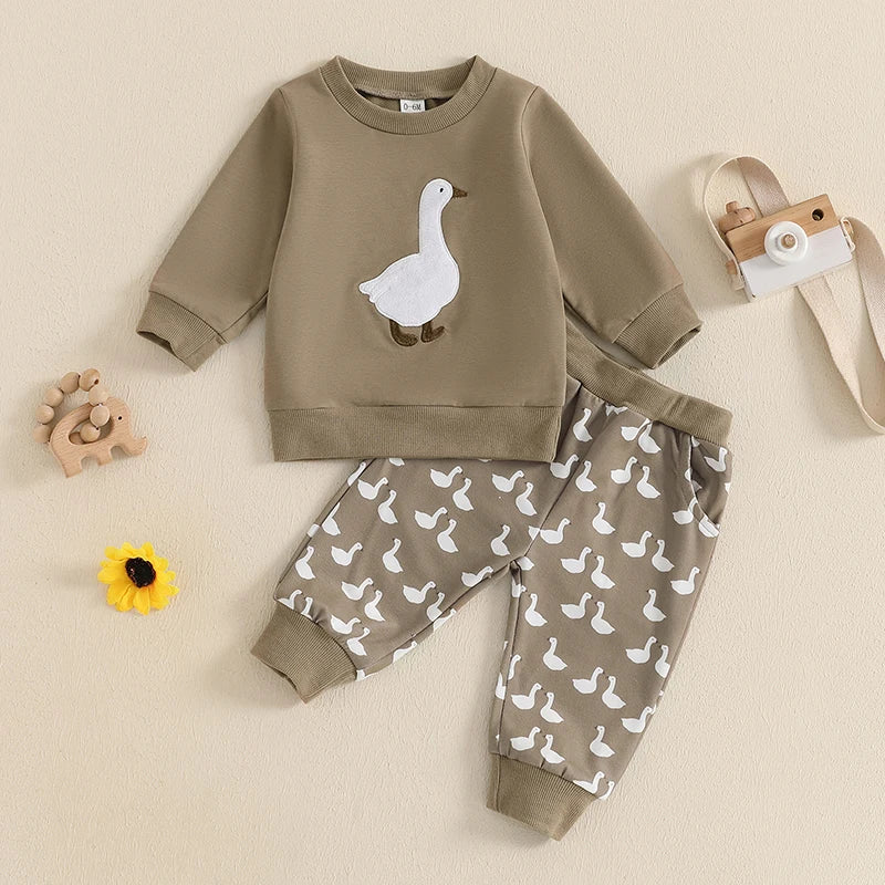 Baby Toddler Boys 2Pcs Fall Outfit Long Sleeve Duck Bird Goose Embroidery Pullover Top Elastic Band Pants Jogger Set