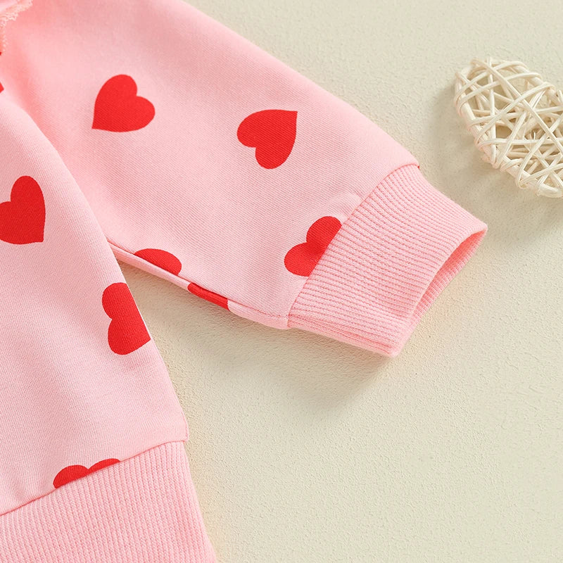 Baby Toddler Girls 3Pcs Valentine's Day Set Long Sleeve Heart Print Top Jogger Pants Headband Set