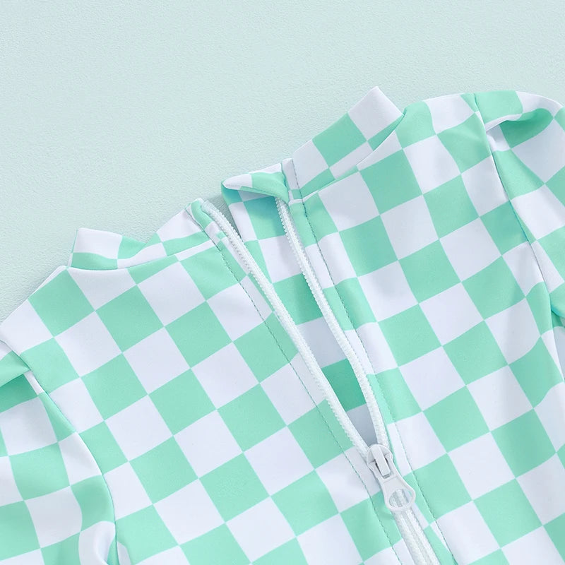 Baby Toddler Girls Beach Swimwear Long Sleeve Checkerboard Print Ruffle Romper Bathing Suit