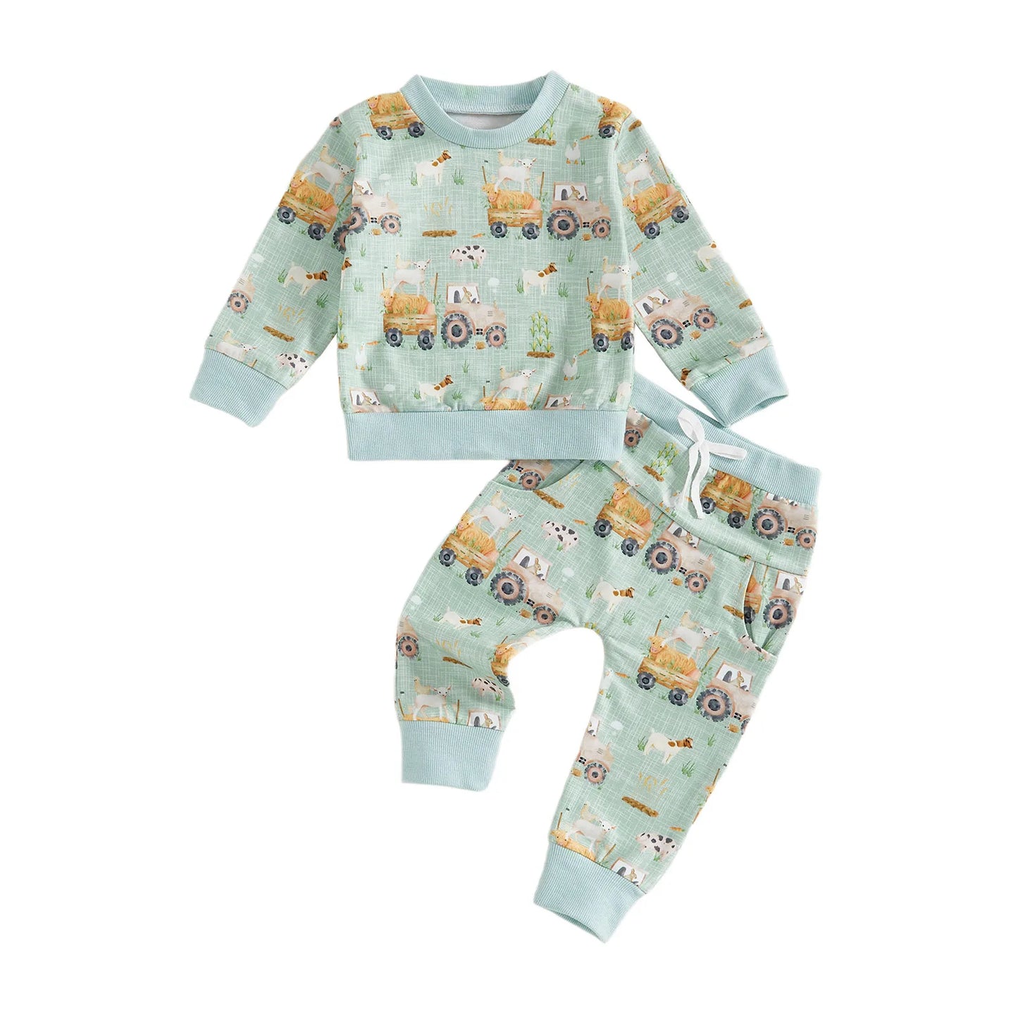Baby Toddler Boys 2Pcs Fall Outfit Farm Animal/Tractor Print Long Sleeve Top and Elastic Pants 2Piece Clothes Jogger Set