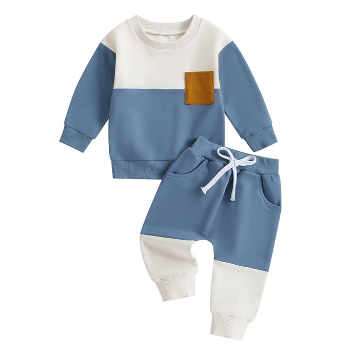 Baby Toddler Boy Girl 2Pcs Pants Set Color Block Long Sleeve Crew Neck Top and Pants Outfit