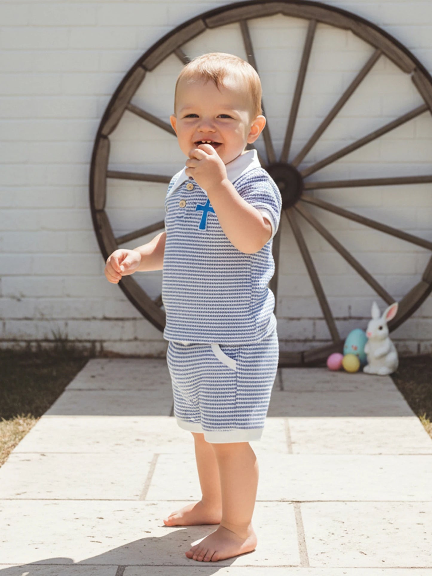 Baby Toddler Boys 2Pcs Easter Outfit Fashionable Striped Short Sleeve Carrot Cross Embroidery Top with Shorts 2Pcs Clothing Set