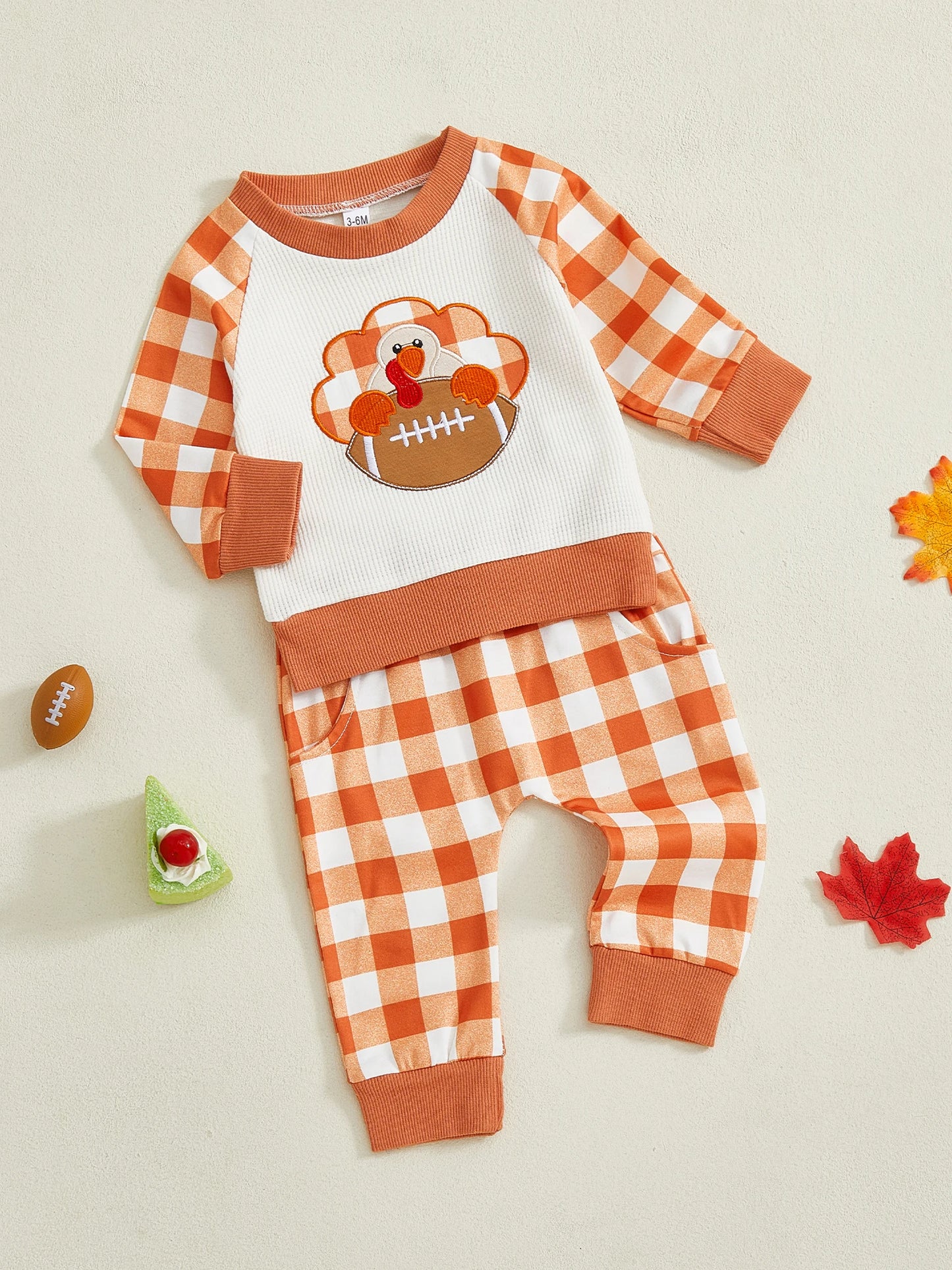 Baby Toddler Boys 2Pcs Plaid Jogger Set Fall Turkey Football Pattern Long Sleeve Round Neck Pullover Top Pants Thanksgiving Outfits