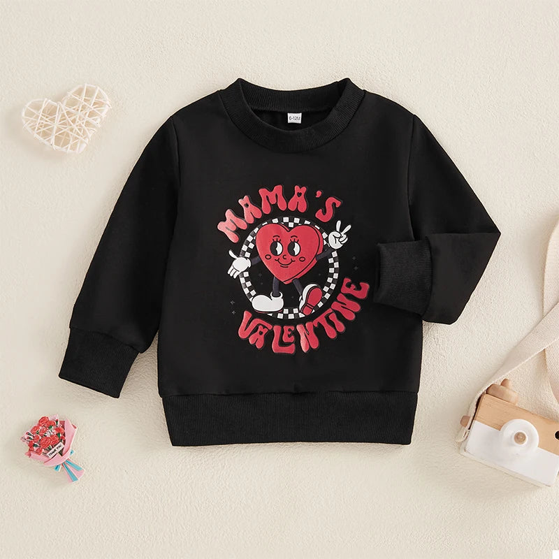 Baby Toddler Boys Mama's Valentine Valentine's Day Letter Heart Print Long Sleeve Round Neck Pullover Valentines Top