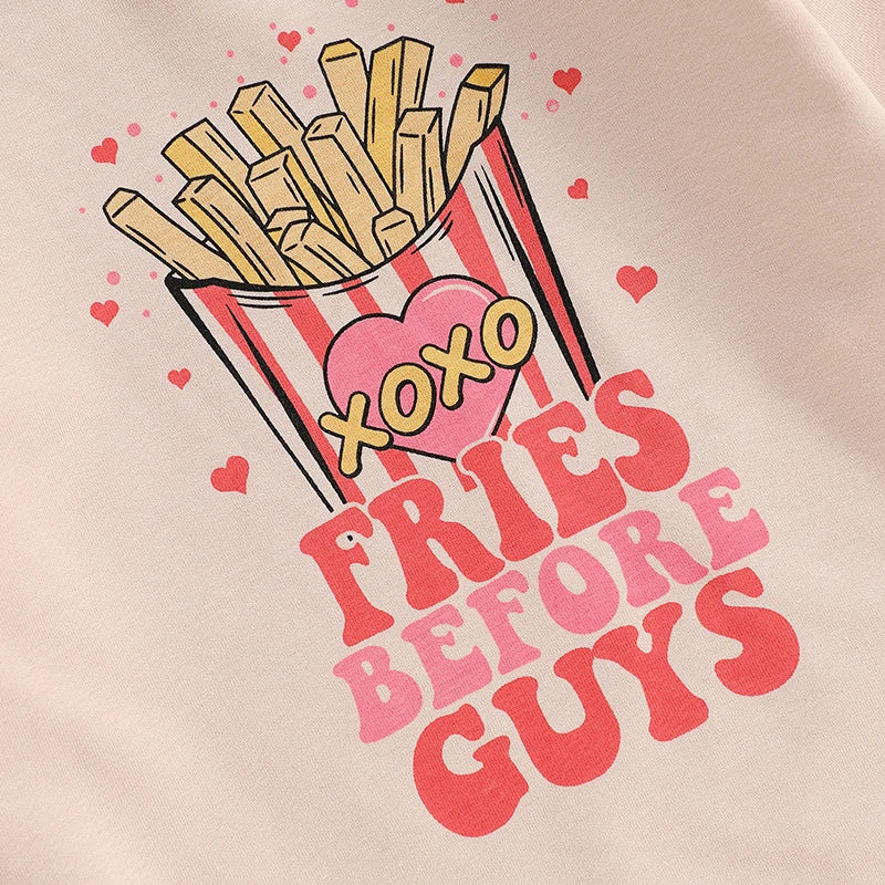 Baby Girls Fries Before Guys Valentine’s Day Romper Long Sleeve Round Neck French Fries Print Jumpsuit Valentines