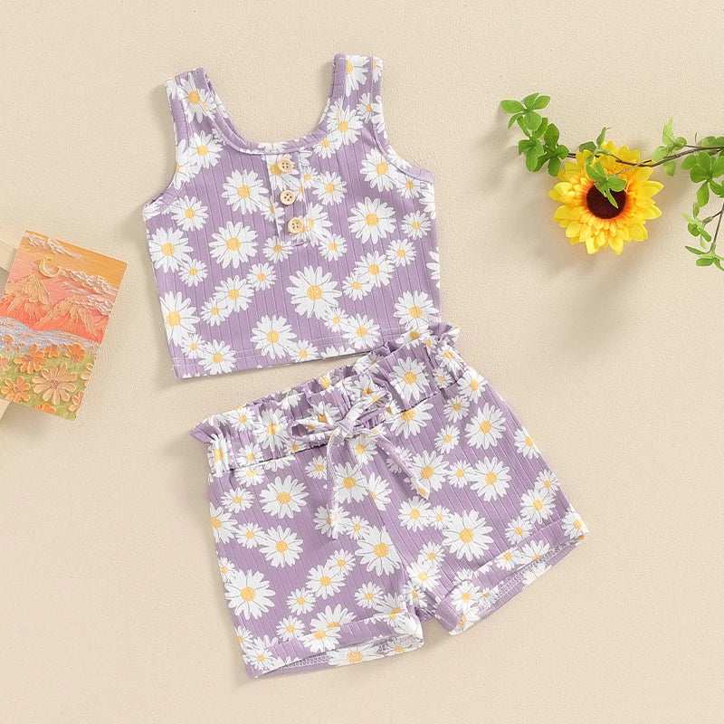 Baby Toddler Girls 2Pcs Daisy Flower Print Sleeveless Crew Neck Tank Top and Matching Shorts Summer Outfit Set