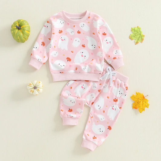 Baby Toddler Girls 2Pcs Halloween Outfit Ghost Pumpkin Print Crew Neck Long Sleeve Top and Pants Set