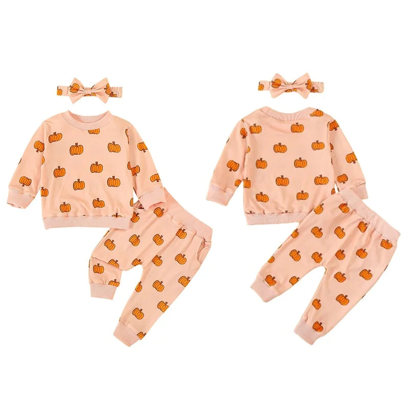 Baby Toddler Girls 3Pcs Halloween Outfit Pumpkin Print Long Sleeve Top Long Pants Headband Fall Set