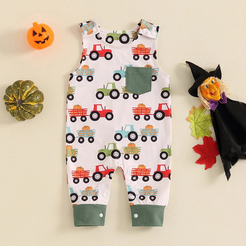 Baby Boys Jumpsuit Sleeveless Crew Neck Pocket Pumpkin Tractor Print Romper Halloween Jumpsuit