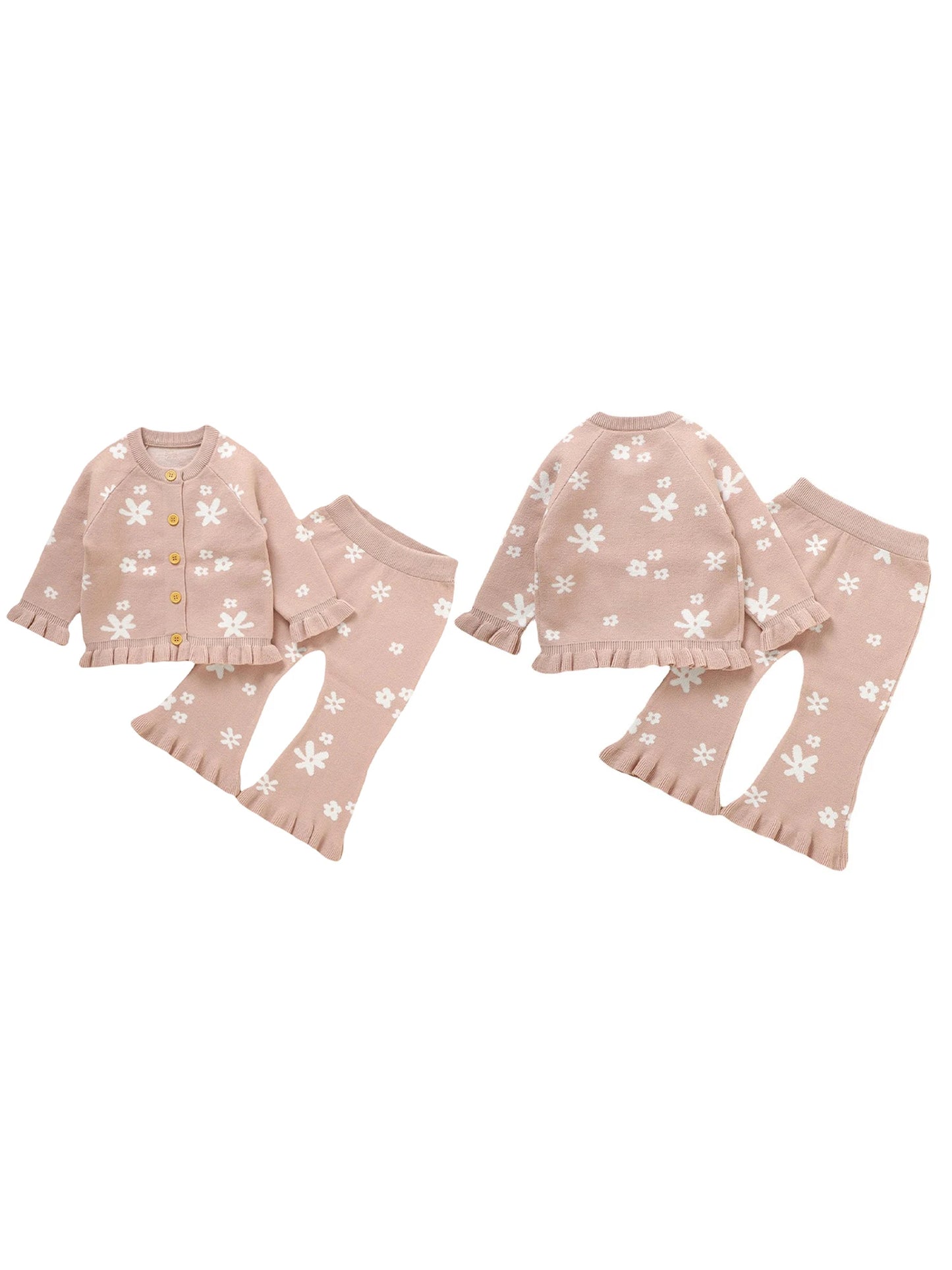 Baby Toddler Girl 2Pcs Fall Outfits Long Sleeve Floral Print Knit Cardigan Tops Flare Pants Set Toddler Clothes