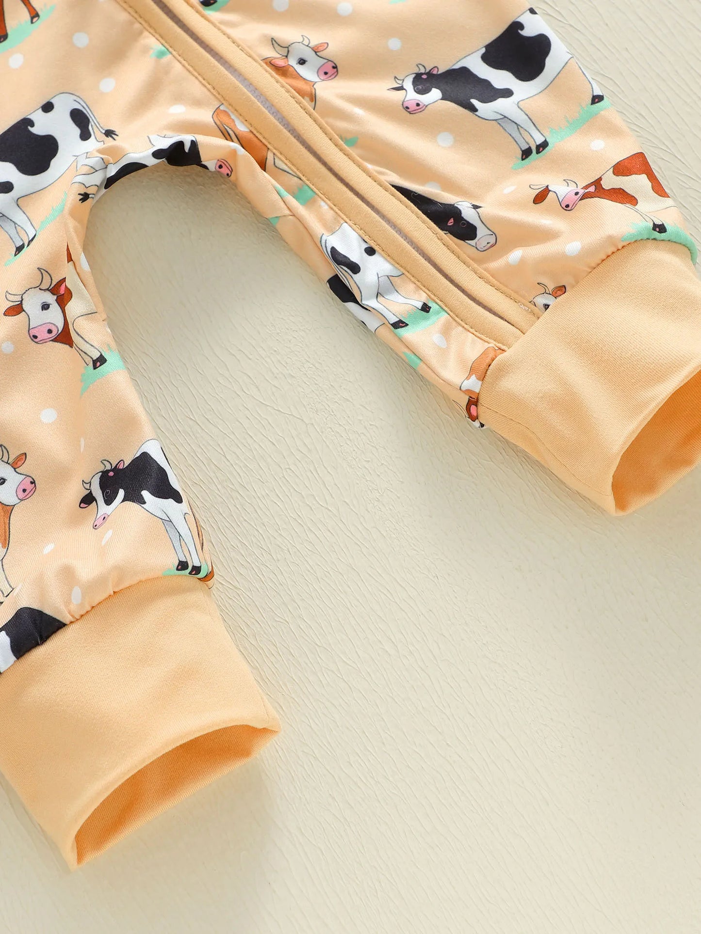 Baby Boy Girl Cow Printed Romper Fashionable Round Neck Long Sleeve Fall Spring Zipper Jumpsuits