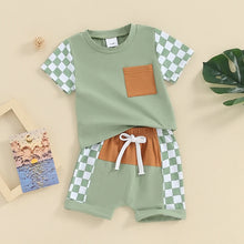 Load image into Gallery viewer, Toddler Baby Boy 2Pcs Summer Outfits Checker Short Sleeve Tops + Patchwork Shorts Set
