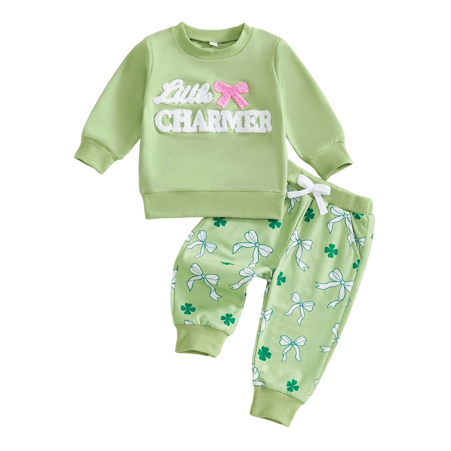 Baby Toddler Girls 2Pcs Little Charmer St. Patrick's Day Long Sleeve O Neck Letter Bow Embroidery Top Bow Clover Print Pants Jogger Set