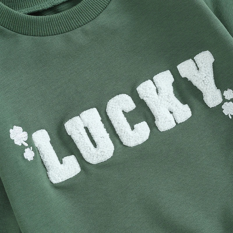 Baby Toddler Boys Girls 2Pcs Irish St. Patrick's Day Outfit Sets Long Sleeve Letter Lucky Leaf Clover Embroidery Top + Drawstring Pants