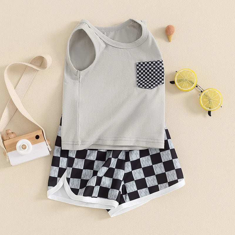 Baby Toddler Boys 2Pcs Sleeveless Tank Top with Pocket and Checkerboard Print Shorts Set Outfit