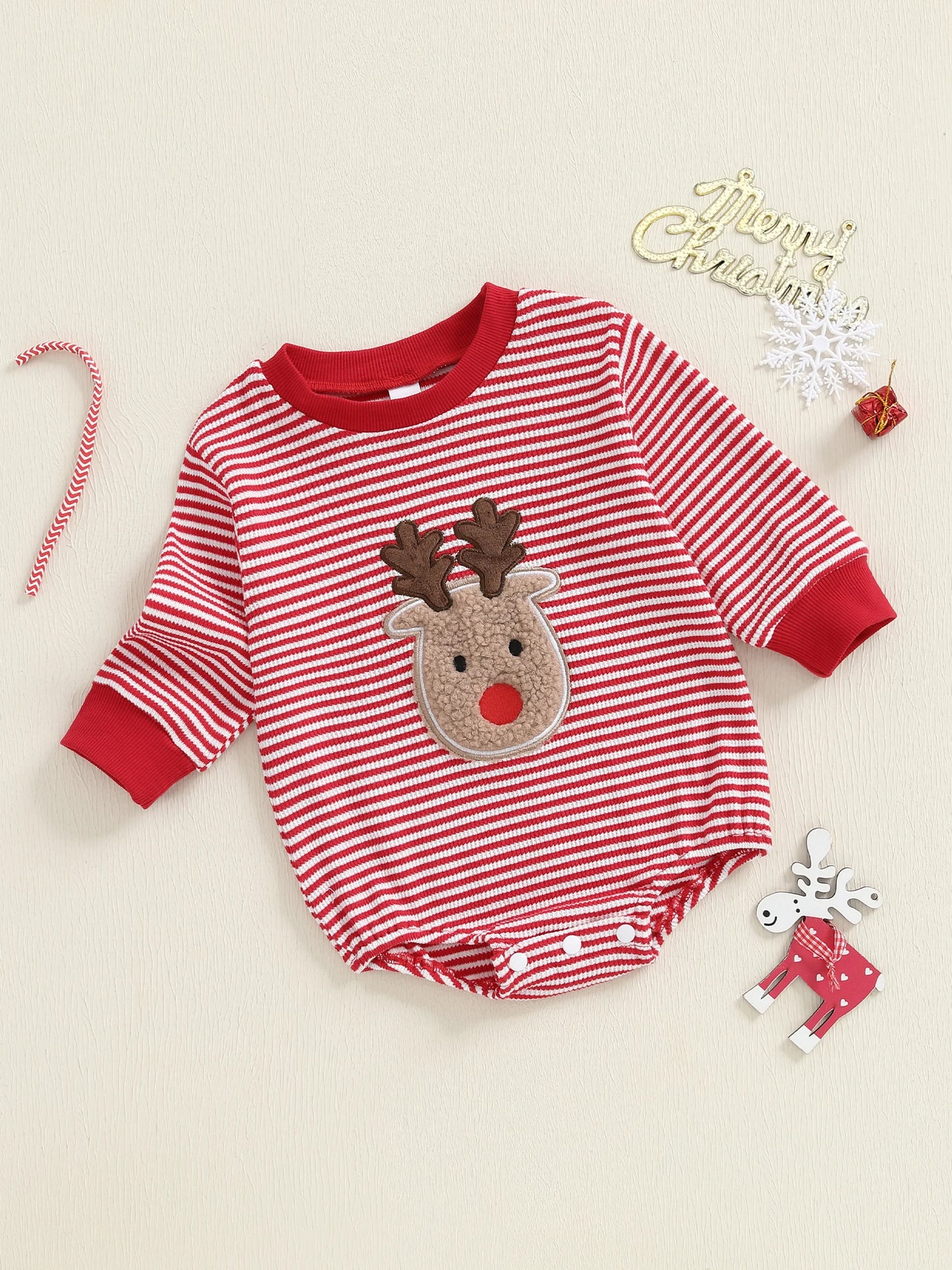 Baby Boys Girls Striped Romper Fashionable Christmas Reindeer Embroidery Round Neck Long Sleeve Jumpsuit