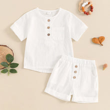 Load image into Gallery viewer, Baby Toddler Boys 2Pcs Single Breasted Round Neck Button Top Solid Color Shorts Casual Outfit Set
