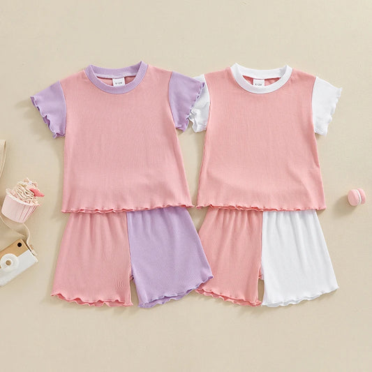 Baby Toddler Girls 2Pcs Contrast Color Short Sleeve Crew Neck Top Frilly Sleeves with Shorts Summer Outfit Set