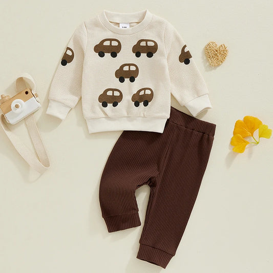 Baby Toddler Boys 2Pcs Car Print Waffle Long Sleeve Top and Elastic Waist Pants 2 Outfit Set