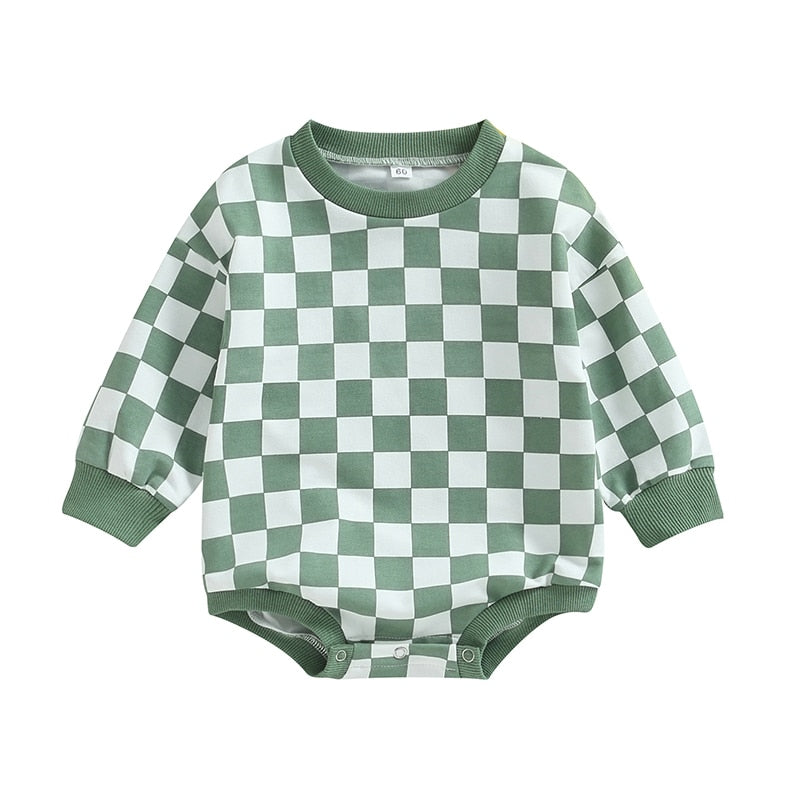 Baby Boy Girl Fall Sweatshirt Bodysuit Checkerboard Print Long Sleeve Jumpsuit Romper