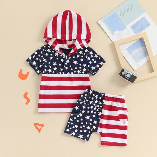 Toddler Baby Boy Girl 2Pcs 4th of July Outfit Short Sleeve Stars and Stripes Flag Print Hooded Top + Shorts Set Clothes