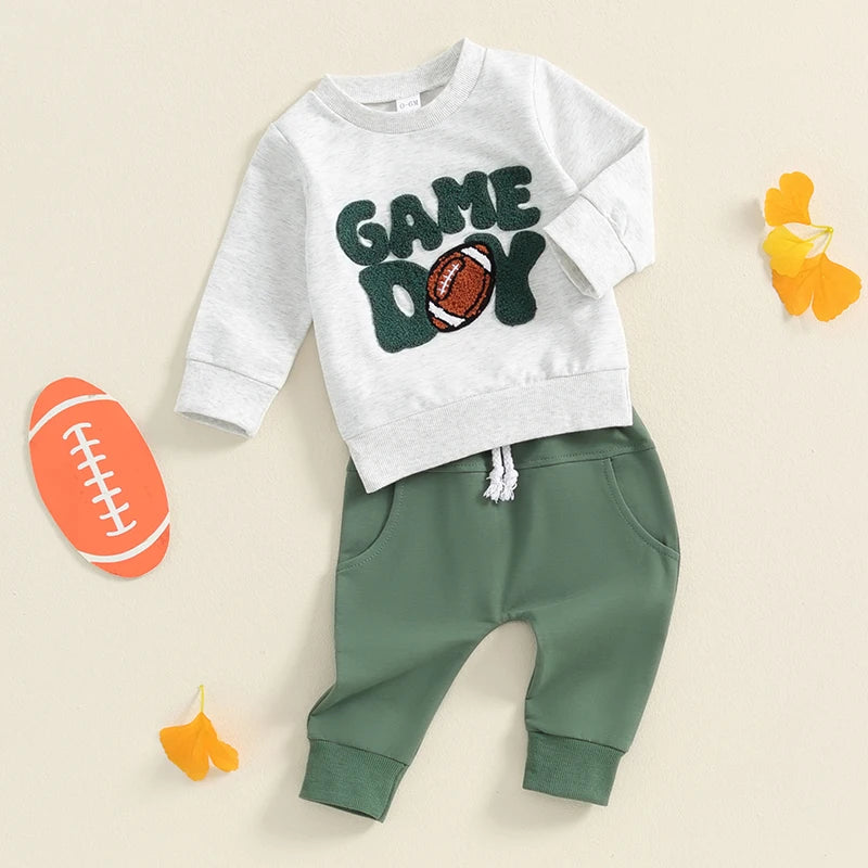 Baby Toddler Boys 2Pcs Game Day Set Long Sleeve Embroidery Letters Football Top Elastic Waist Pants Clothes Outfit