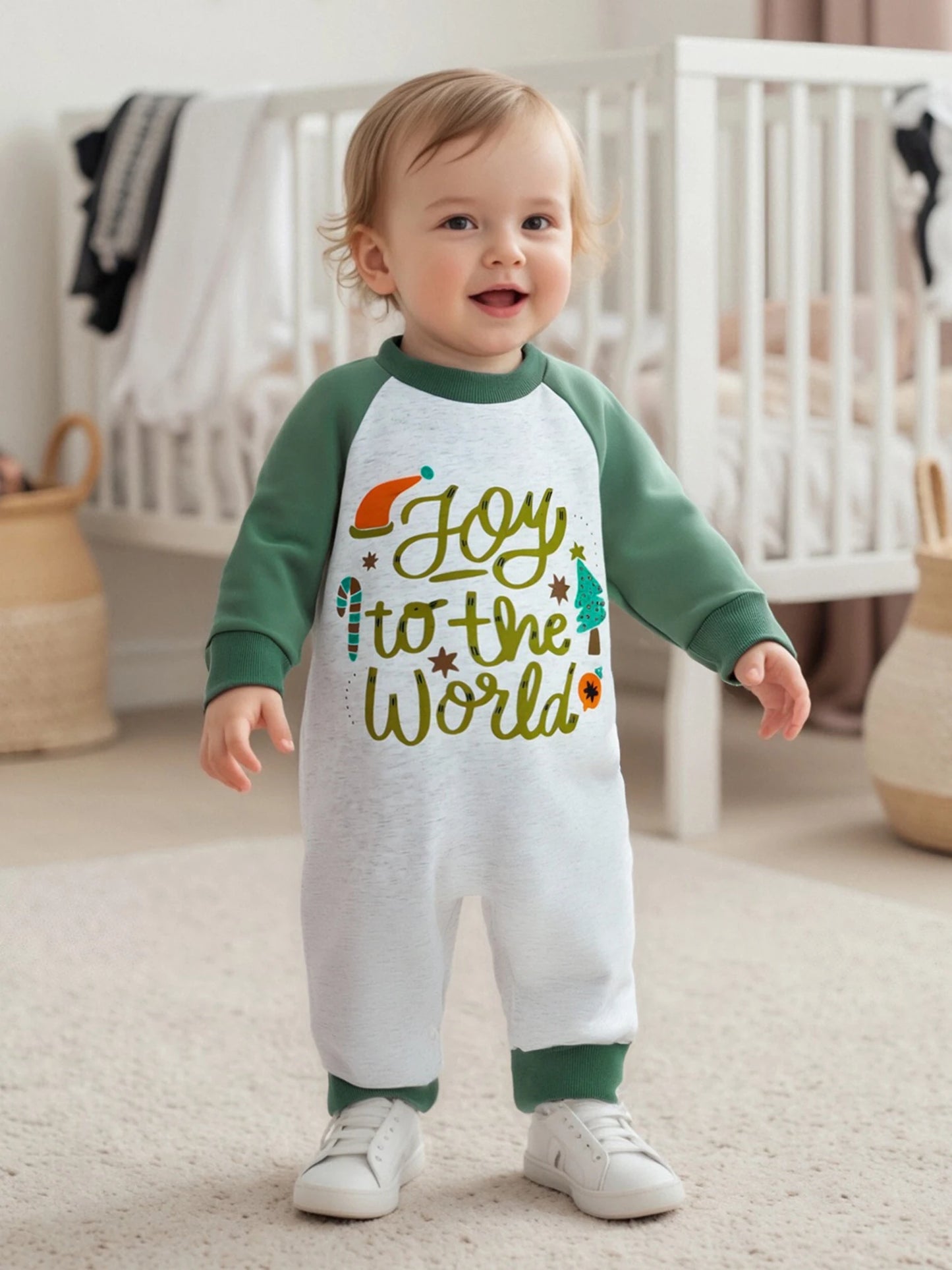 Baby Boys Girls Joy To The World Christmas Romper Letter Tree Long Raglan Sleeve Crewneck Jumpsuit Winter Clothes