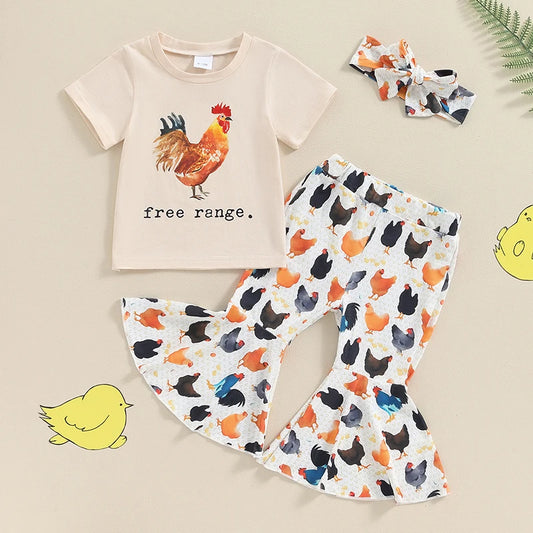 Baby Toddler Girls 3Pcs Set Free Range Farm Chicken Short Sleeve O-Neck Top with Long Flare Pants and Headband Outfit