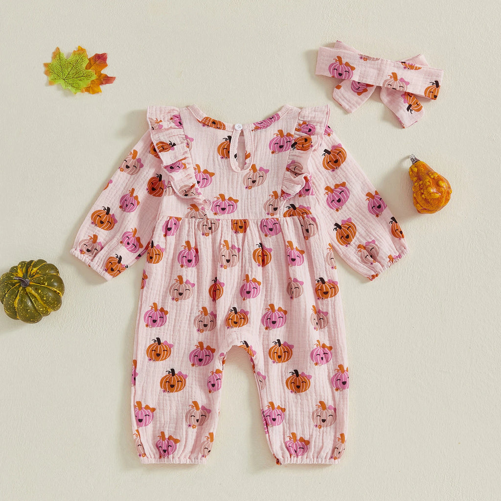 Baby Girl 2Pcs Halloween Outfit Pumpkin Ruffle Trim Long Sleeve Romper Tie-up Headband Cotton Linen Set