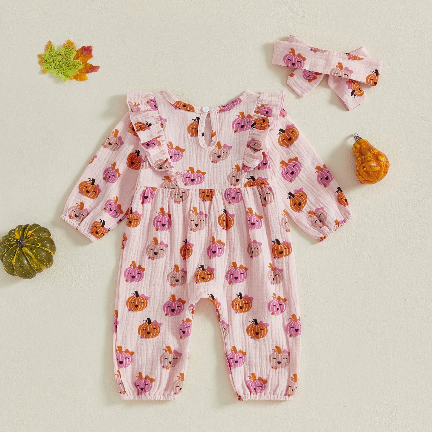 Baby Girl 2Pcs Halloween Outfit Pumpkin Ruffle Trim Long Sleeve Romper Tie-up Headband Cotton Linen Set