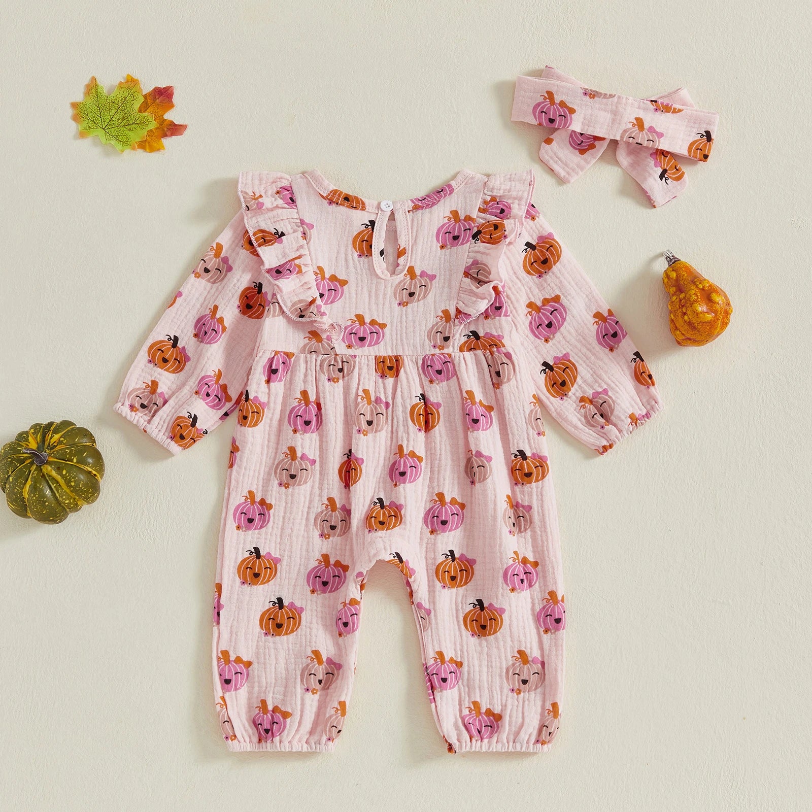 Baby Girl 2Pcs Halloween Outfit Pumpkin Ruffle Trim Long Sleeve Romper Tie-up Headband Cotton Linen Set