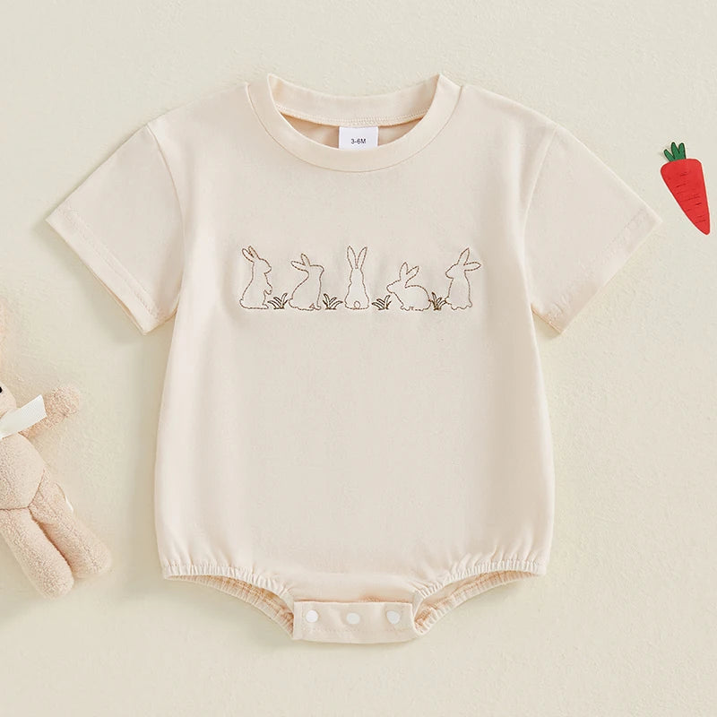 Baby Girls Boys Easter Jumpsuit Some Bunny Loves You / My 1st Easter / Happy Easter / Rabbits Embroidered Short Sleeve Bodysuit Romper