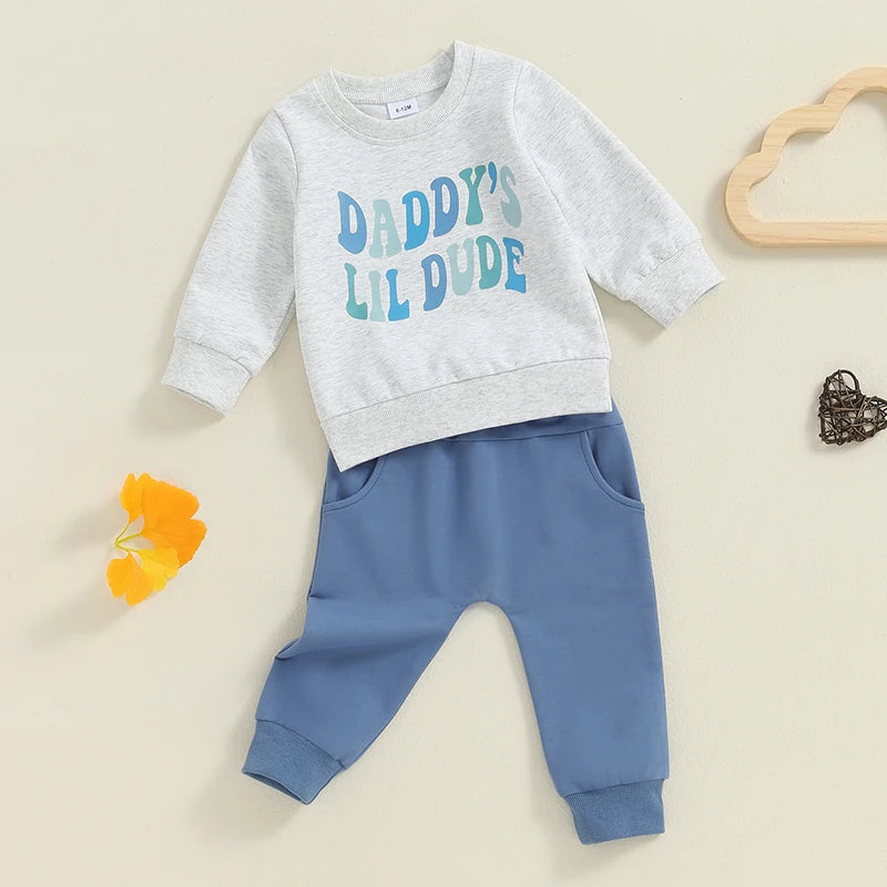 Baby Toddler Boys 2Pcs Dad's Little Dude Fall Outfit Letter Print Long Sleeve Round Neck Top and Solid Color Pants Set