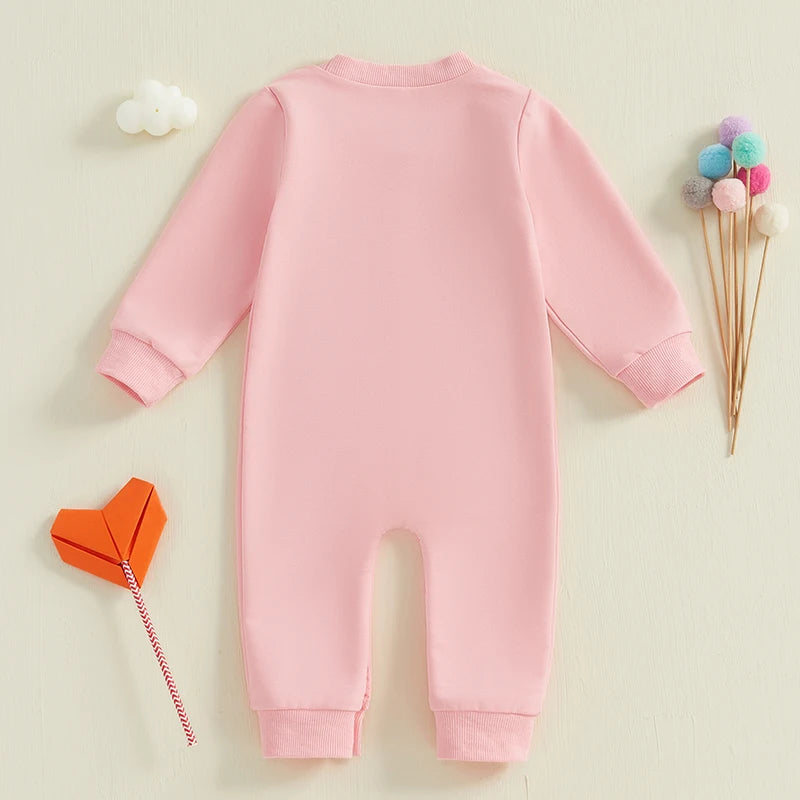 Baby Girls Love Valentine's Day Romper Letter Heart Embroidery Long Sleeve Crewneck Valentines Jumpsuit