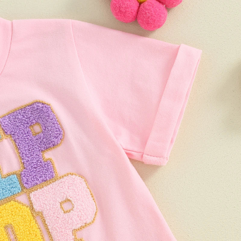 Baby Toddler Boy Girl 2Pcs Easter Set HIP HOP Letter Embroidery Short Sleeve T-Shirt with Solid Color Short Outfit